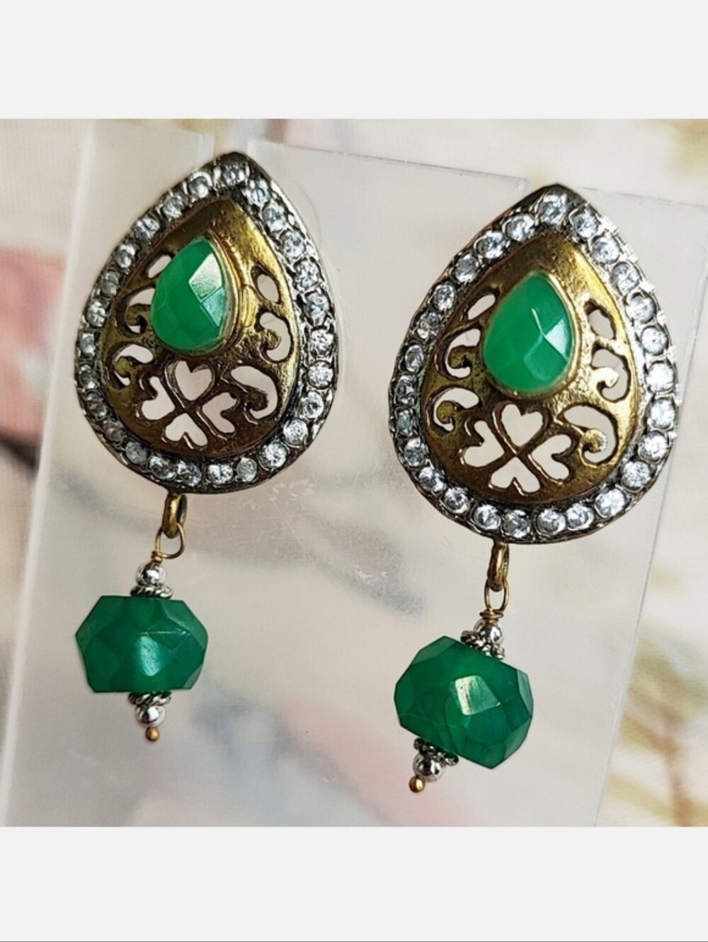Turkish Pierced Gold & Silver Tone Cut Out Pierced Emerald Color Bezel Earrings